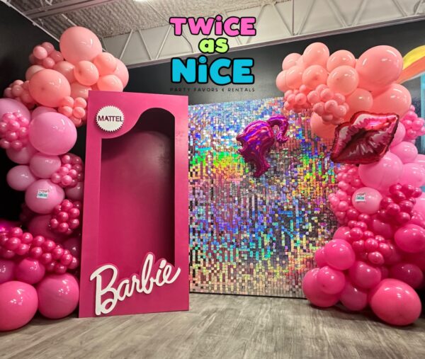 Custom Barbie backdrop with Barbie box that can be accompanied by party favors